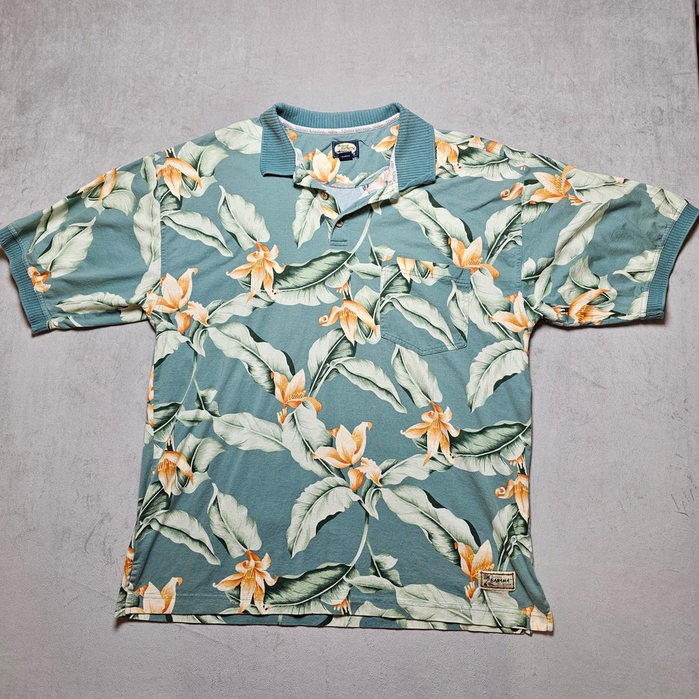 Tommy Bahama Mens XL Tropical Floral Palm Print Cotton Polo Shirt Blue‎ Teal